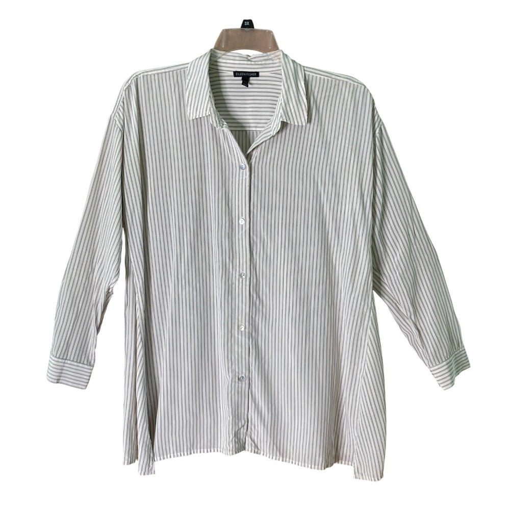 Eileen Fisher 100% Silk Crepe de Chine Striped Swing Shirt Oversized (Size M)